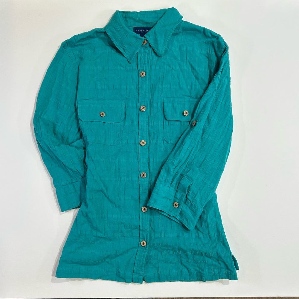 Karen Scott Button Down Blouse Collar Shirt Cotton Vintage 90s Cottage Core LG